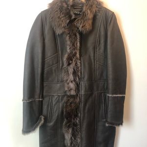 Tahari Brown Leather & Fur Coat